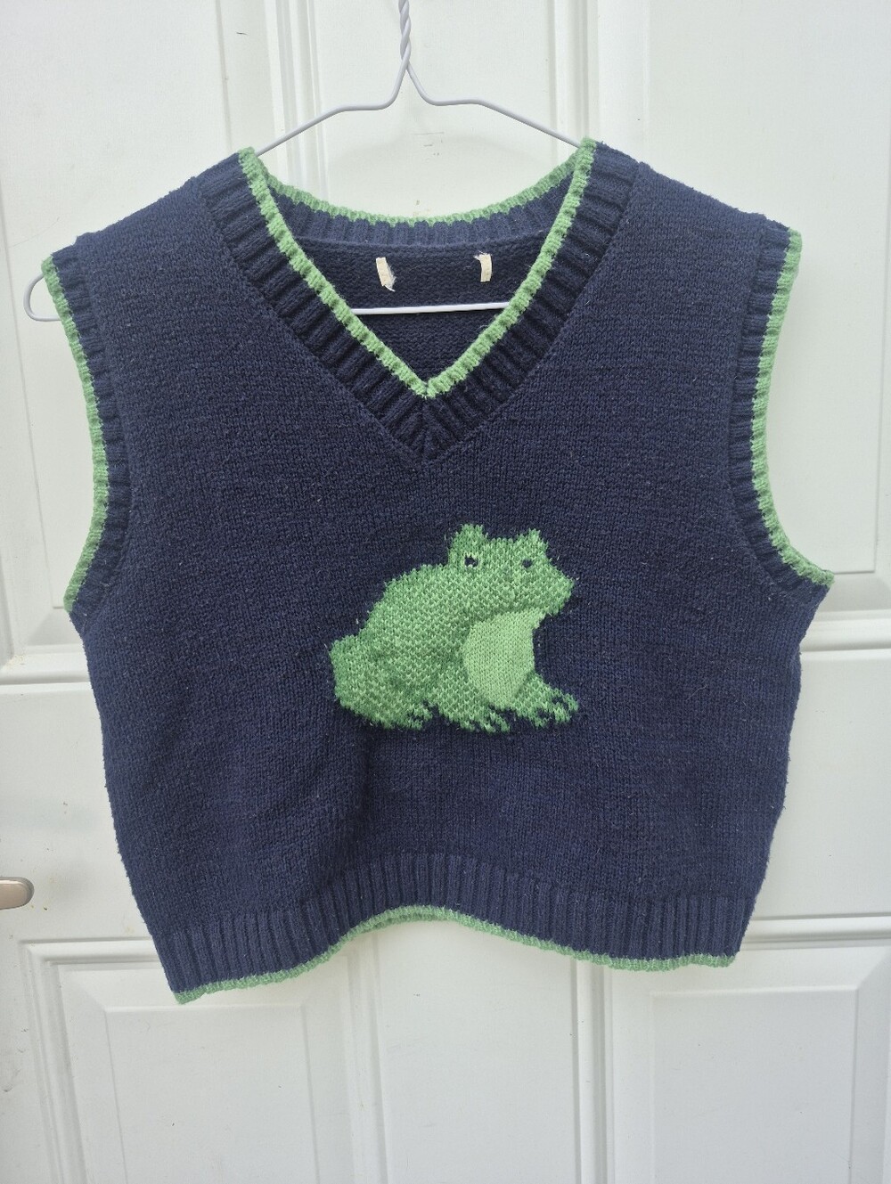 Navy Knit Frog Animal Sweater Vest Childrens Cropped Womens Small Goblincore